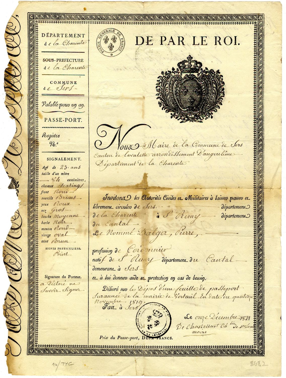 Certificate of Passage/French Passport, 1821 - Winner'S Auctions